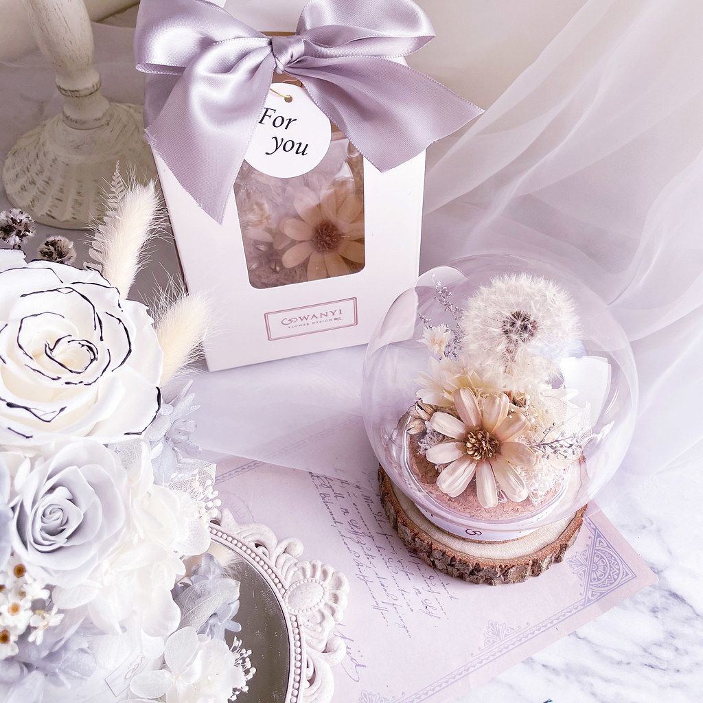 純白蒲公英玻璃罩 乾燥花 永生花 夜燈 聖誕禮物 客製化禮物聖誕 - 乾燥花/永生花 - 植物.花 白色