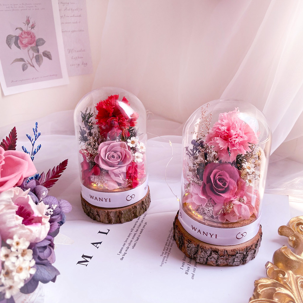 玫瑰花/康乃馨玻璃罩 乾燥花 永生花 夜燈 婚禮 母親節禮物 畢業 - 乾燥花/永生花 - 植物.花 多色