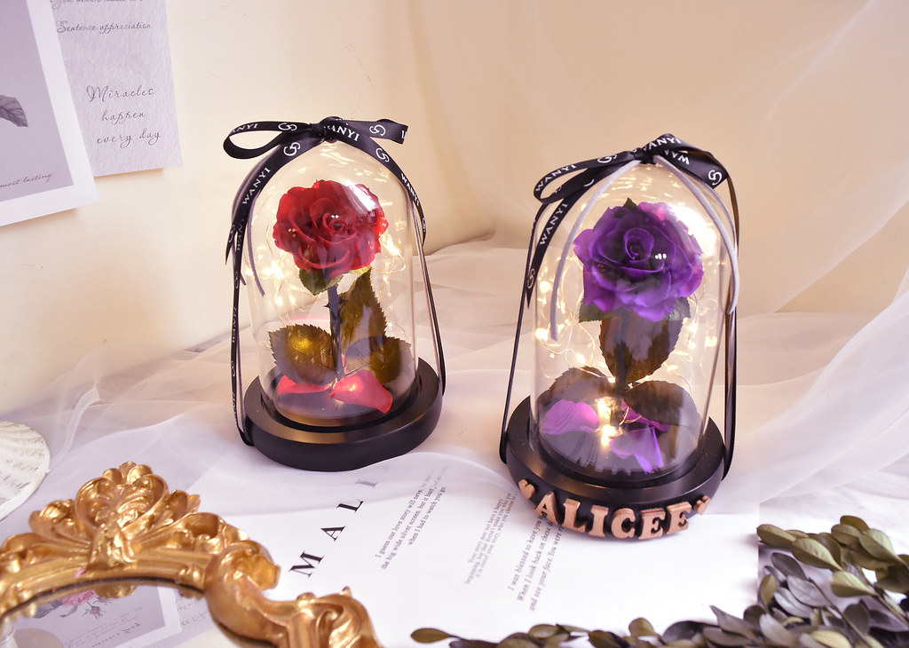 美女與野獸 永生玻璃罩玫瑰花 (小星暖光) 不凋花 乾燥花 情人節 - 盆栽/植栽 - 植物．花 紅色